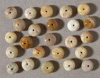 Twenty four fossil coral rondelle beads.